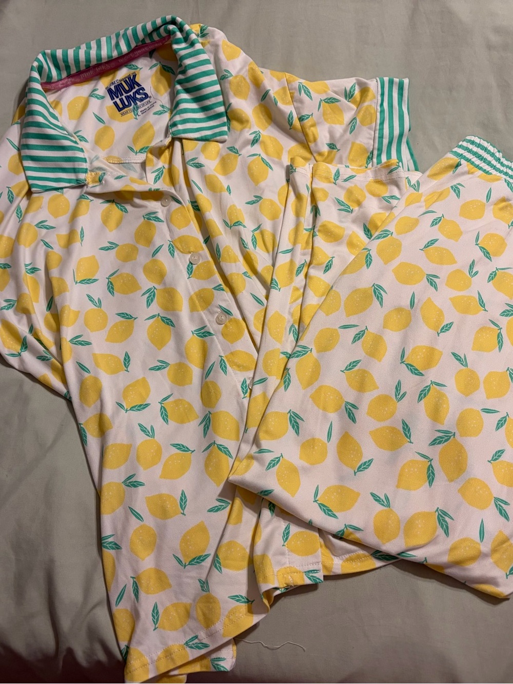 Muk Luks Lemon Print Pajama Set Women’s Large Button Front Short Sleeve Lounge